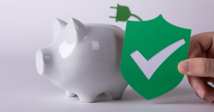 Piggy bank and a green check showing the money to be saved with home energy efficiency